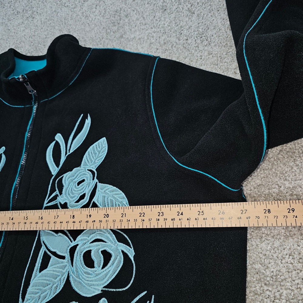 Susan Graver Style Black Fleece Jacket Floral Embroidery Teal Trim Zip Women 2X‎ - Picture 6 of 7